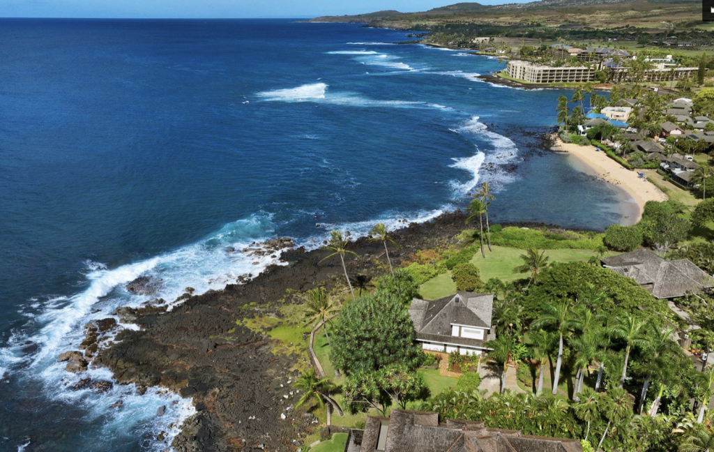 Aerial view of Poipu Stone House vacation rental on Kauai.