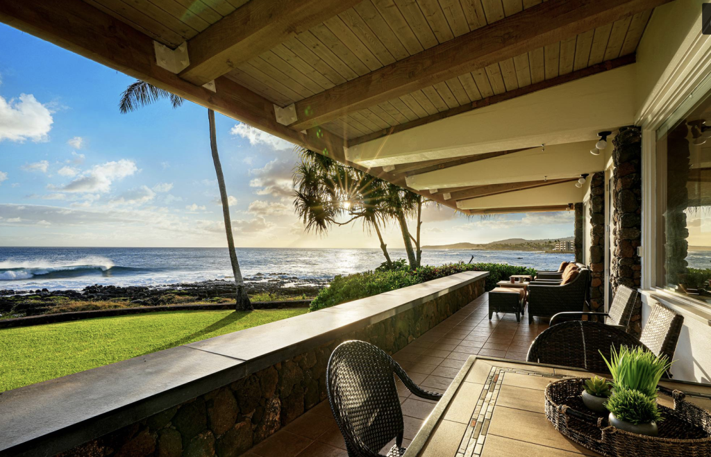 covered oceanfront lanai at Poipu Stone House