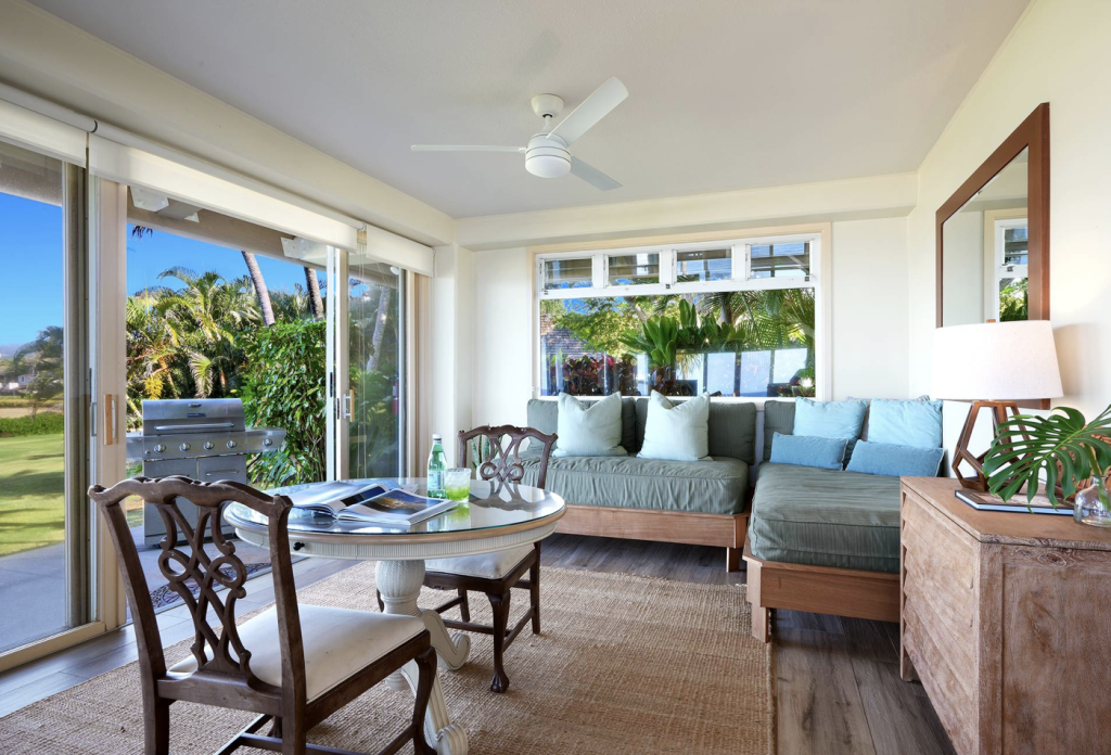 Indoor/outdoor living at the Poipu Stone House vacation rental